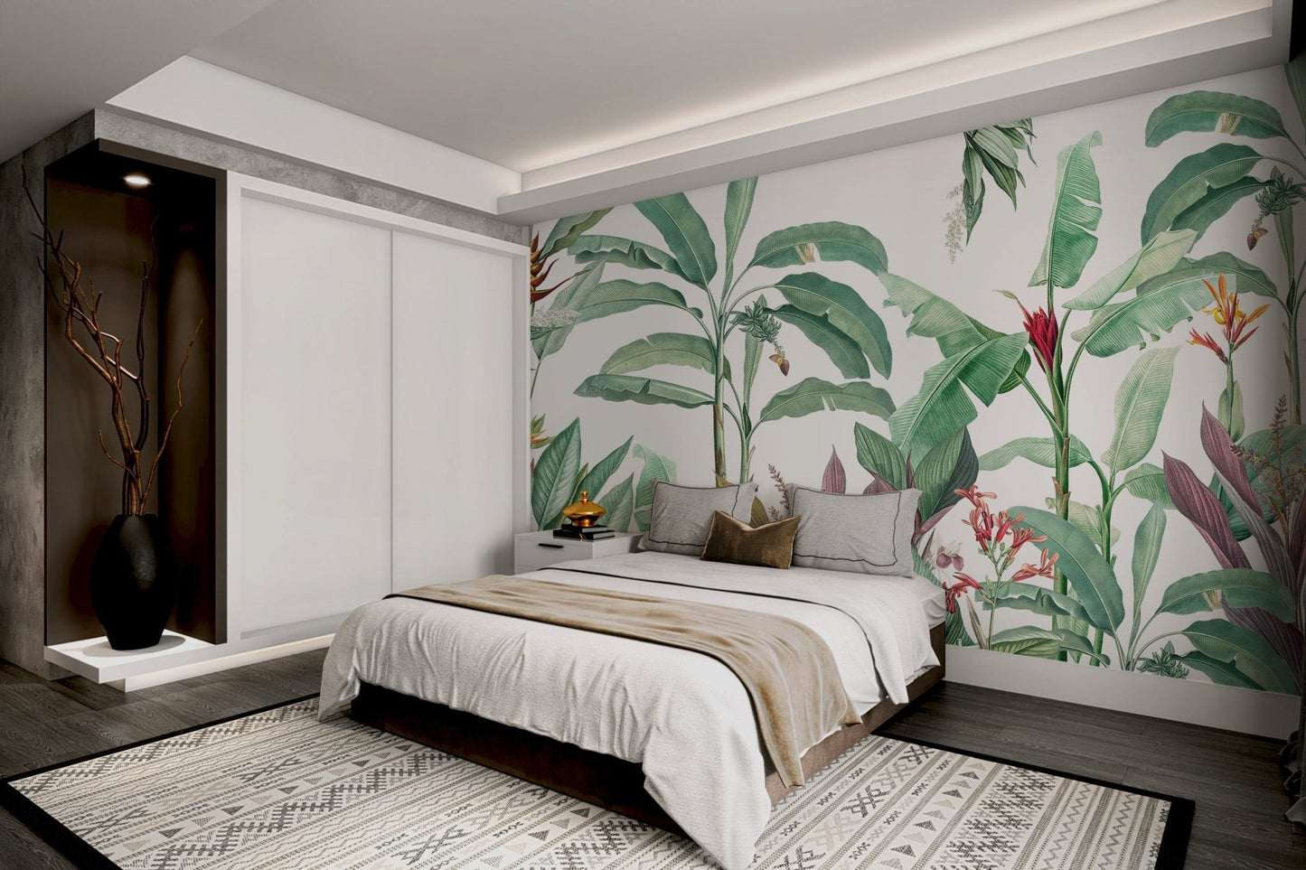 Tropical leaf wall mural with soft greens for a bedroom look.