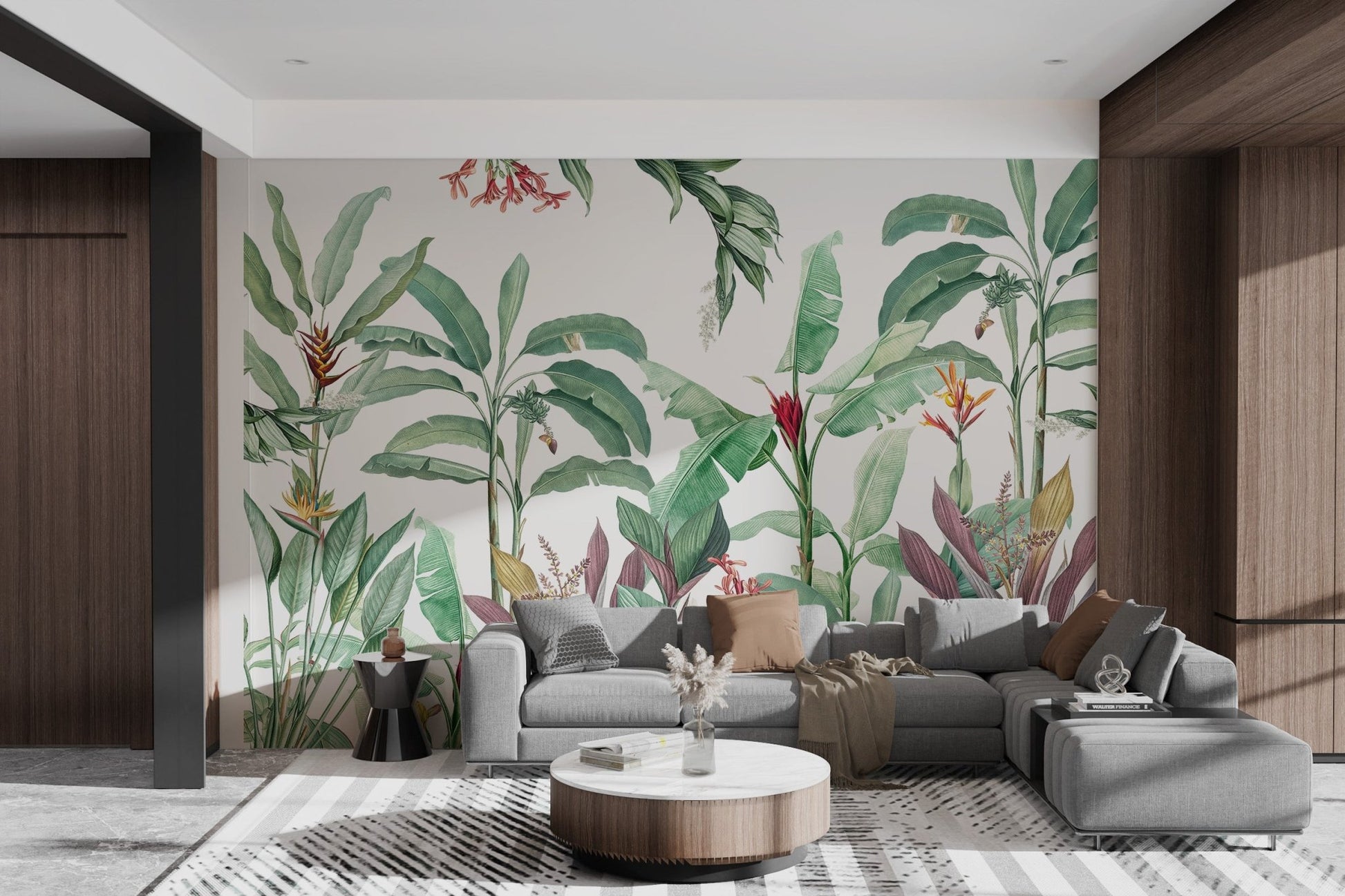 Banana leaf wall mural adding garden style to a living room.