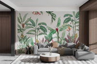 Banana leaf wall mural adding garden style to a living room.