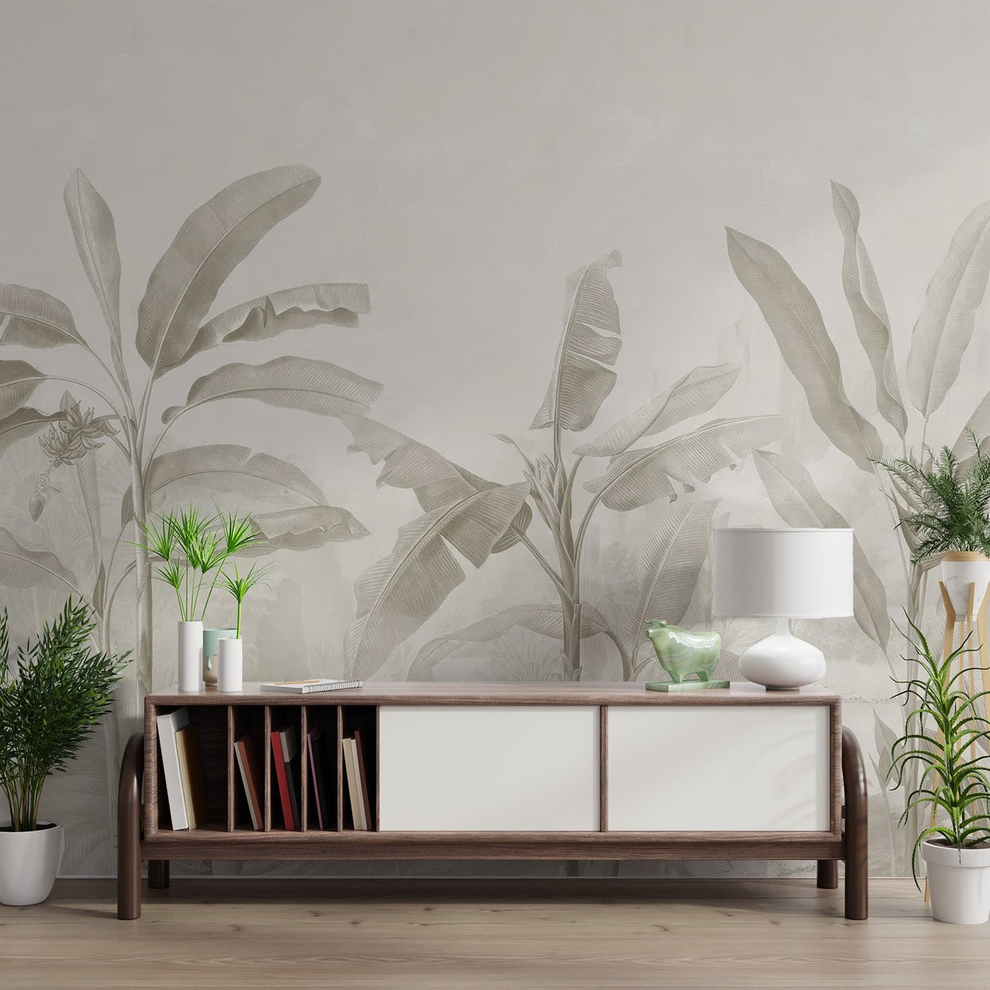 Neutral-toned tropical mural with large banana leaves and foliage elements.
