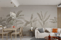 Tropical banana leaf mural with soothing beige tones for home interior.