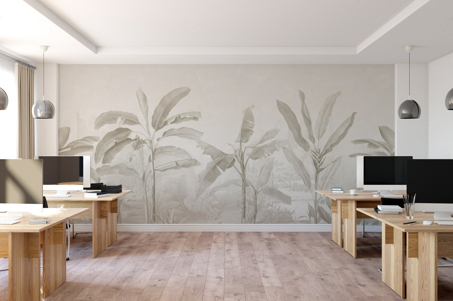 Tropical banana leaf wall mural with soft beige tones for a serene office interior.