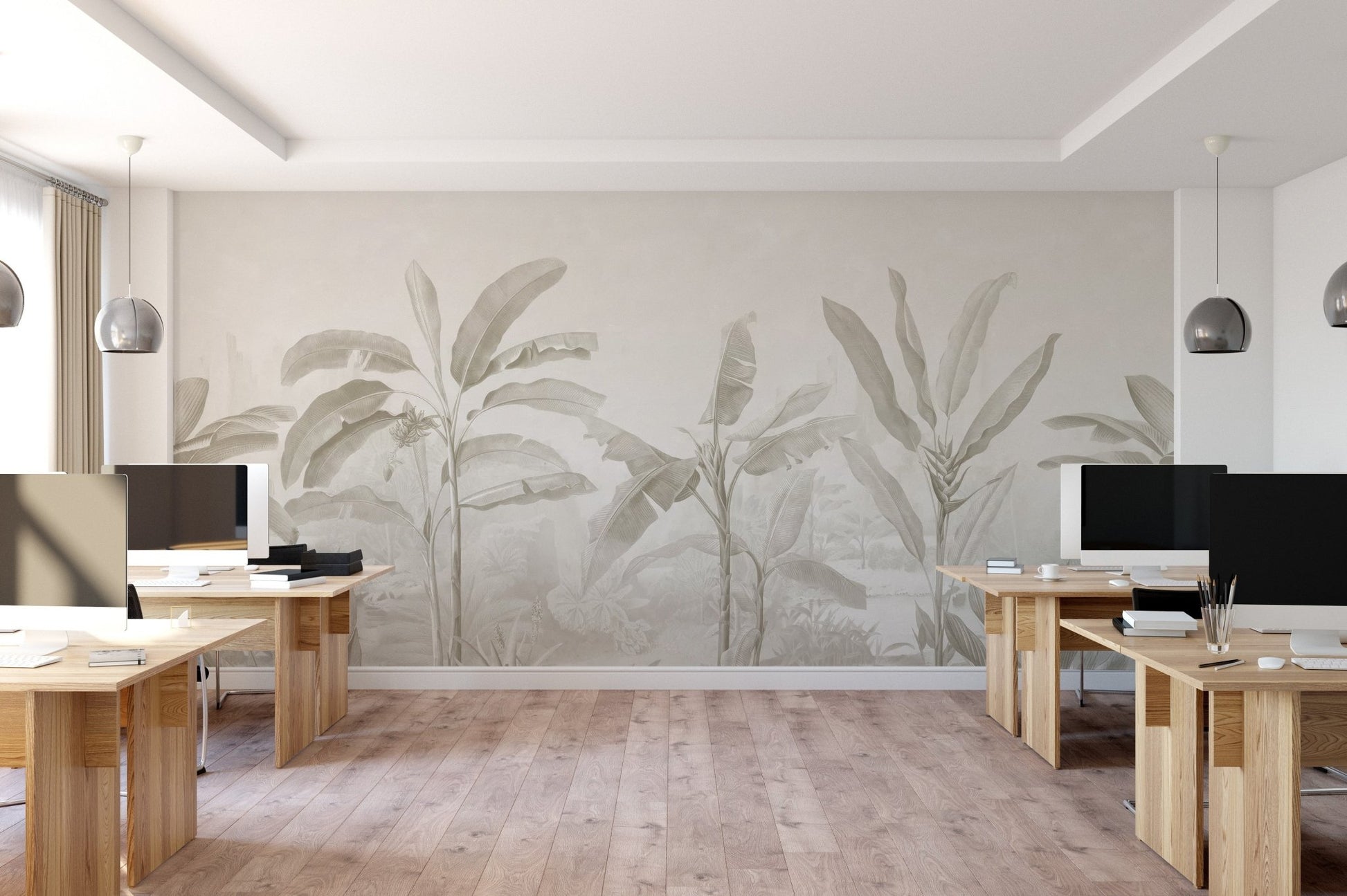 Tropical banana leaf wall mural with soft beige tones for a serene office interior.