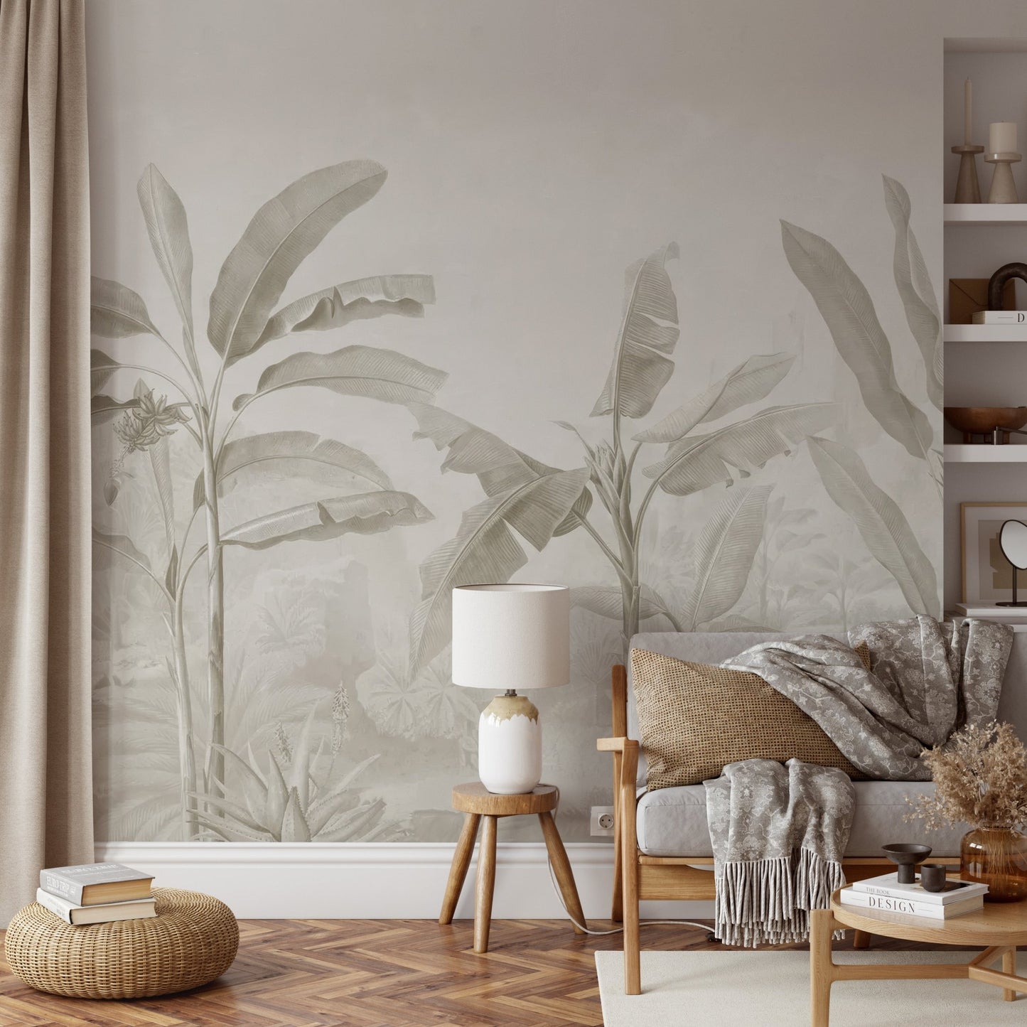 Tropical wall mural featuring banana leaves in muted, earthy tones.