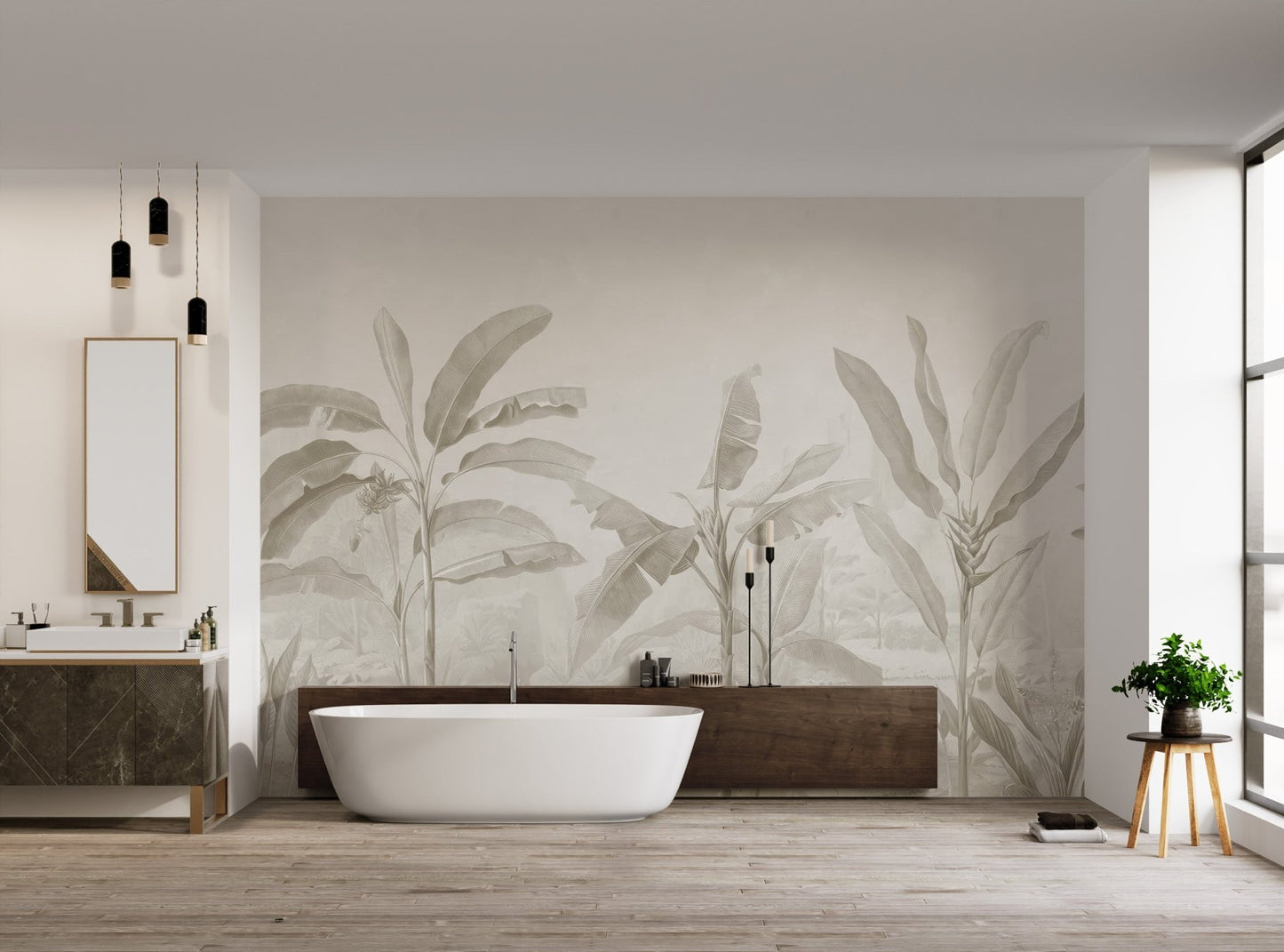 Banana leaf wall mural depicting a tropical garden in bright bathroom.