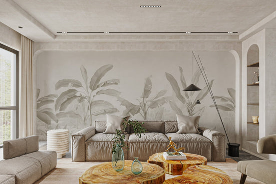 Elegant banana leaves mural featuring neutral colors and subtle tropical landscape.