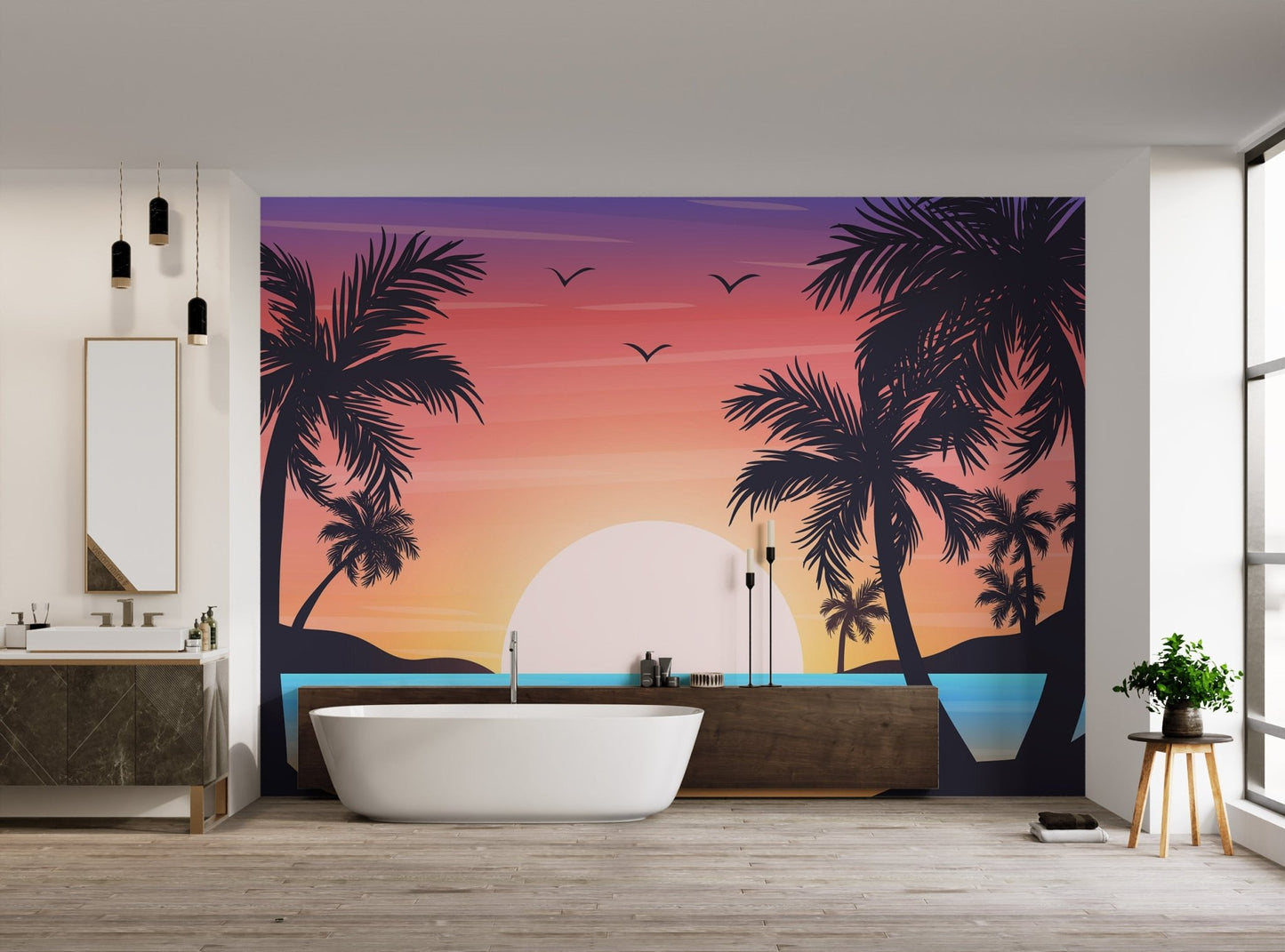 Tropical Beach Sunset Palm Wallpaper - Wallanza