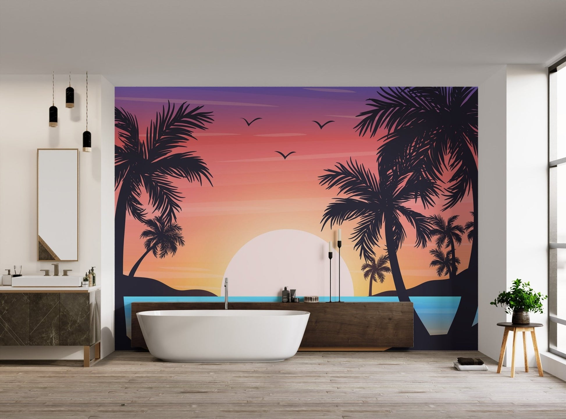 Tropical Beach Sunset Palm Wallpaper - Wallanza