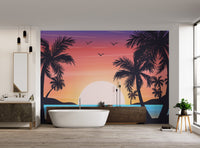 Tropical Beach Sunset Palm Wallpaper - Wallanza