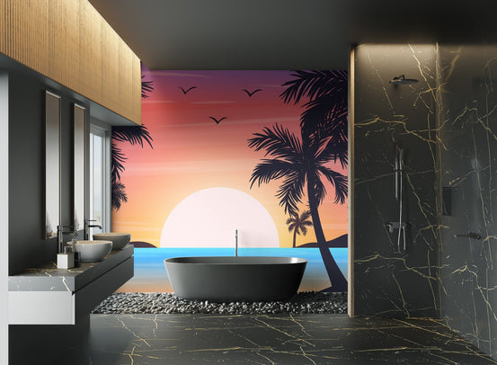 Vibrant tropical beach wall mural featuring silhouettes of palm trees against a setting sun.