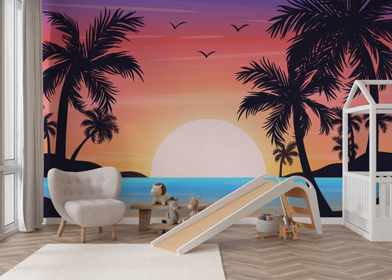 Tropical beach sunset palm wallpaper with purple and orange gradient sky.