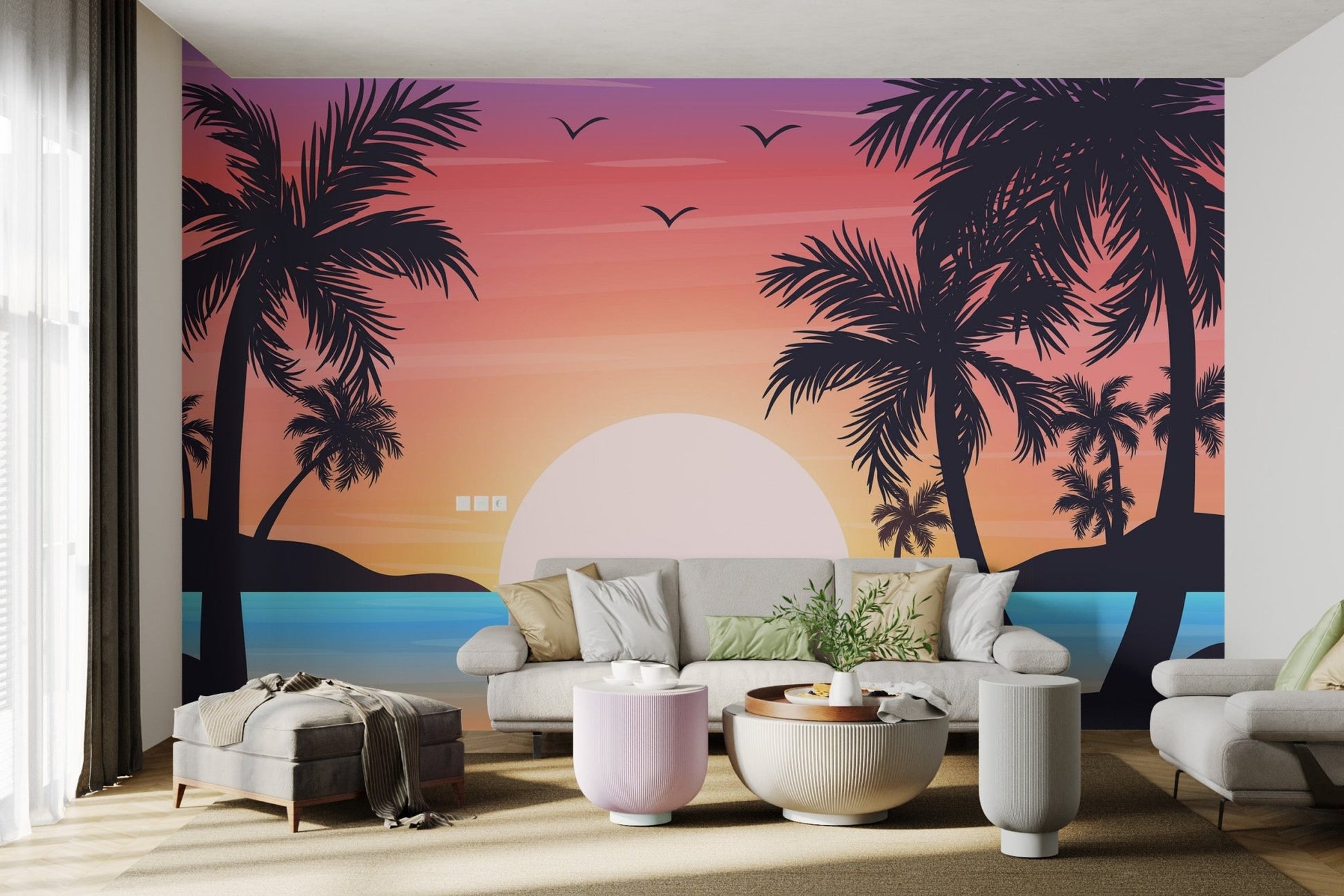 Tropical Beach Sunset Palm Wallpaper - Wallanza