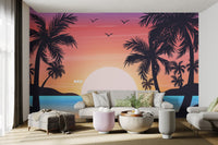 Tropical Beach Sunset Palm Wallpaper - Wallanza