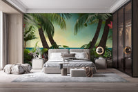 Luxury bedroom with a bright beach view wall mural and sleek furniture.