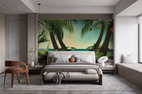 Modern bedroom interior showing a palm beach wall mural and ambient lighting.