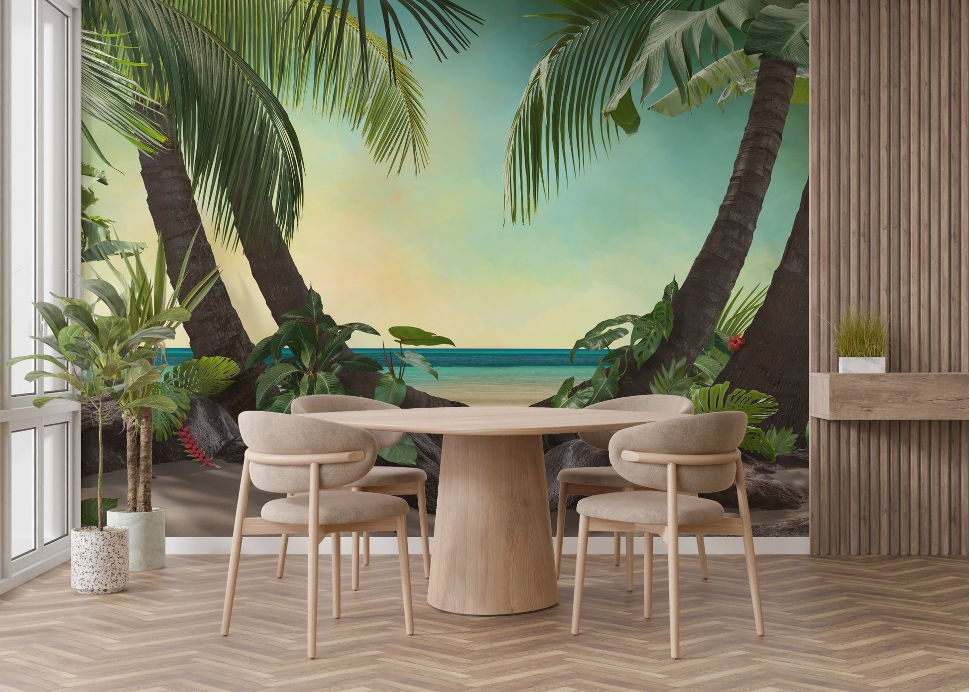 Round wooden dining table set against a coastal beach wallpaper mural scene.