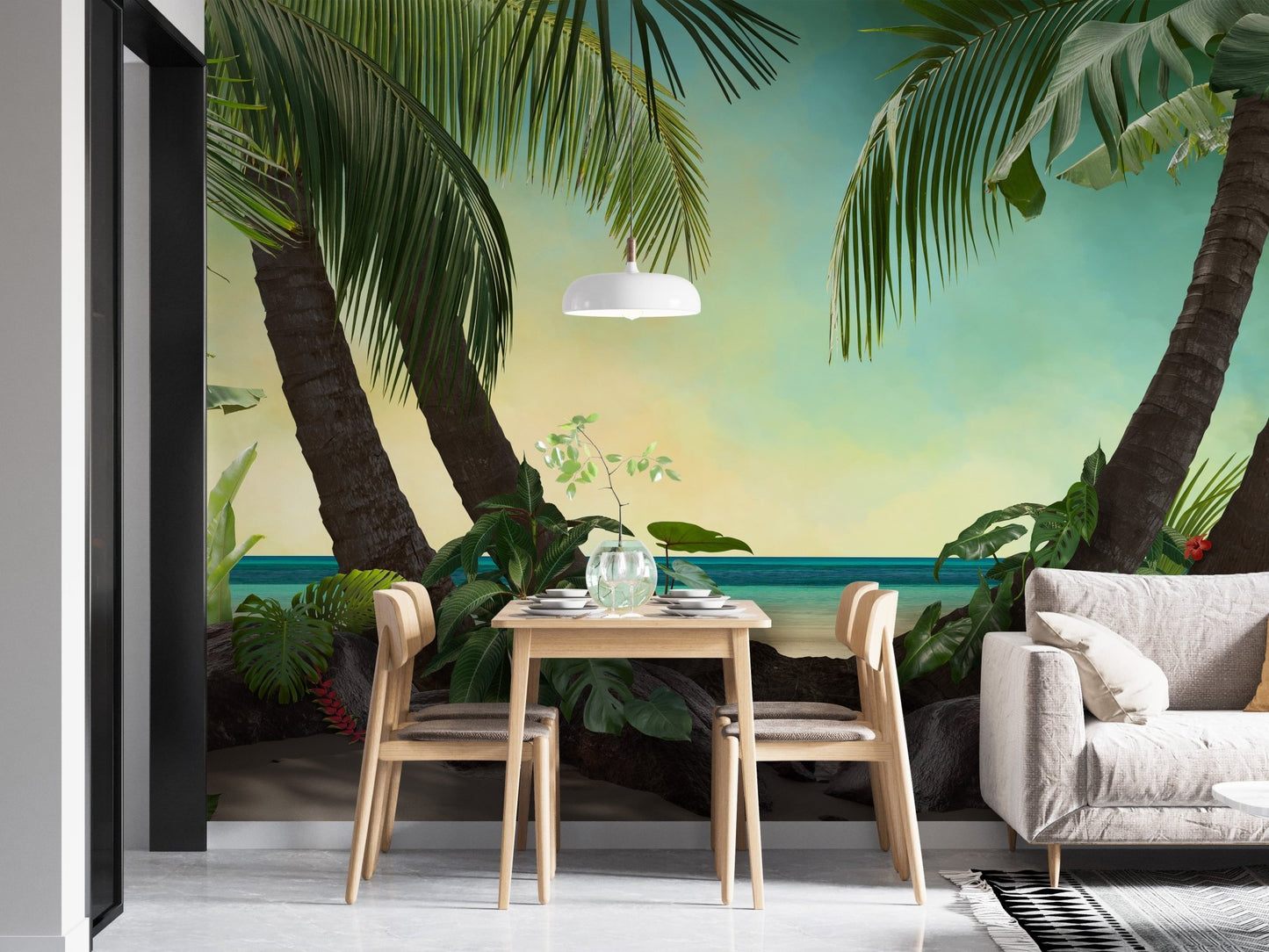 Small dining space featuring a palm tree wall mural with wooden furniture.