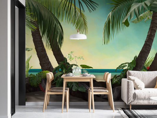 Small dining space featuring a palm tree wall mural with wooden furniture.