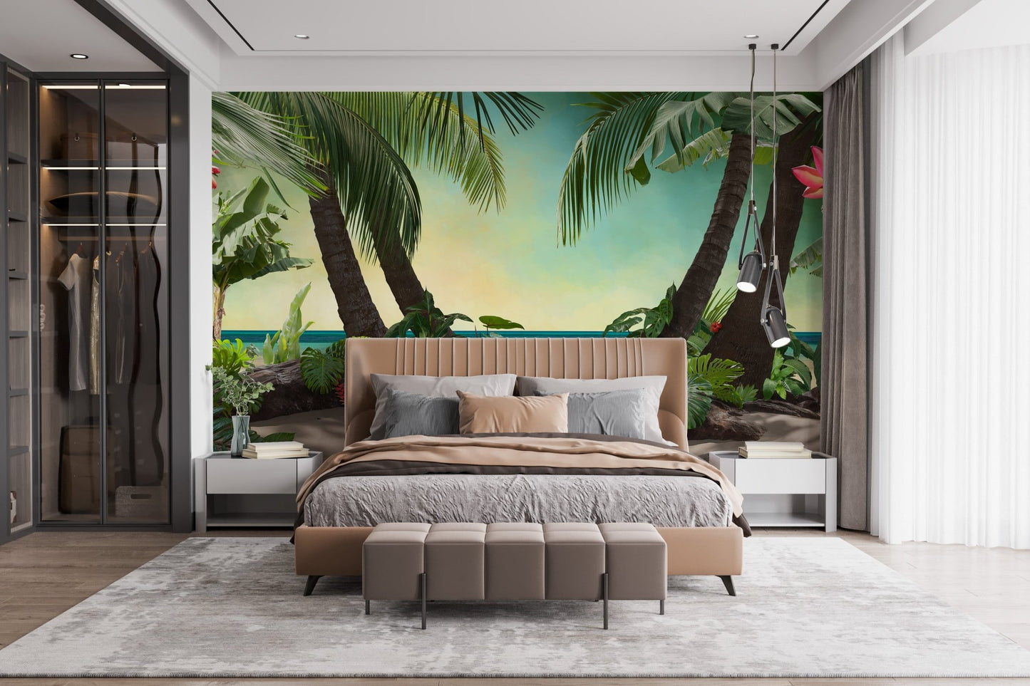 Contemporary master suite with Tropical Beach View Wallpaper Murals and brown bedding.