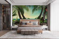 Contemporary master suite with Tropical Beach View Wallpaper Murals and brown bedding.