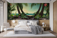 Minimalist bedroom featuring a large tropical beach wall mural as a headboard.
