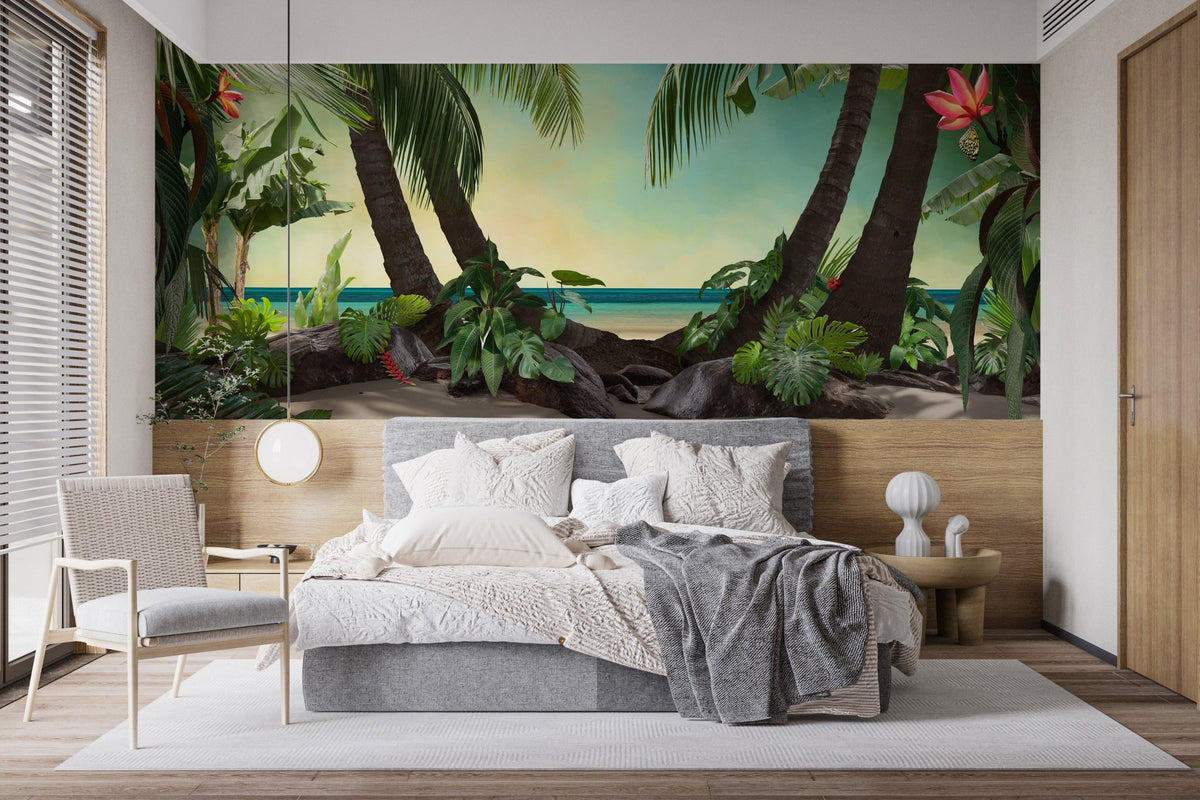 Minimalist bedroom featuring a large tropical beach wall mural as a headboard.