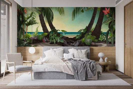 Minimalist bedroom featuring a large tropical beach wall mural as a headboard.