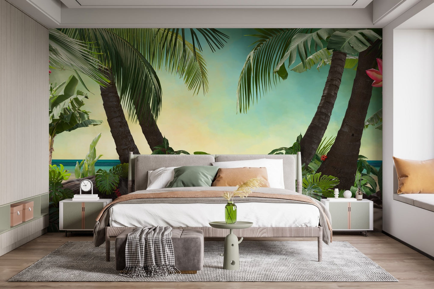 Stylish neutral bedroom with a tropical beach wallpaper mural focal wall.