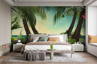 Stylish neutral bedroom with a tropical beach wallpaper mural focal wall.
