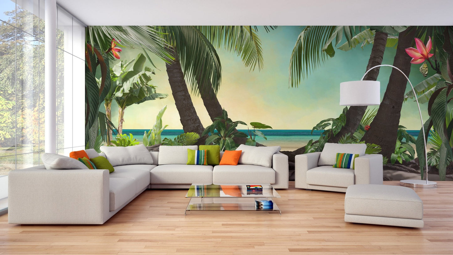 Spacious living area featuring a seaside nature wallpaper mural and white seating.