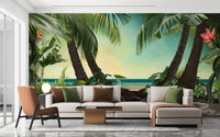 Tropical Beach View Wallpaper Murals behind a modern white sectional sofa.