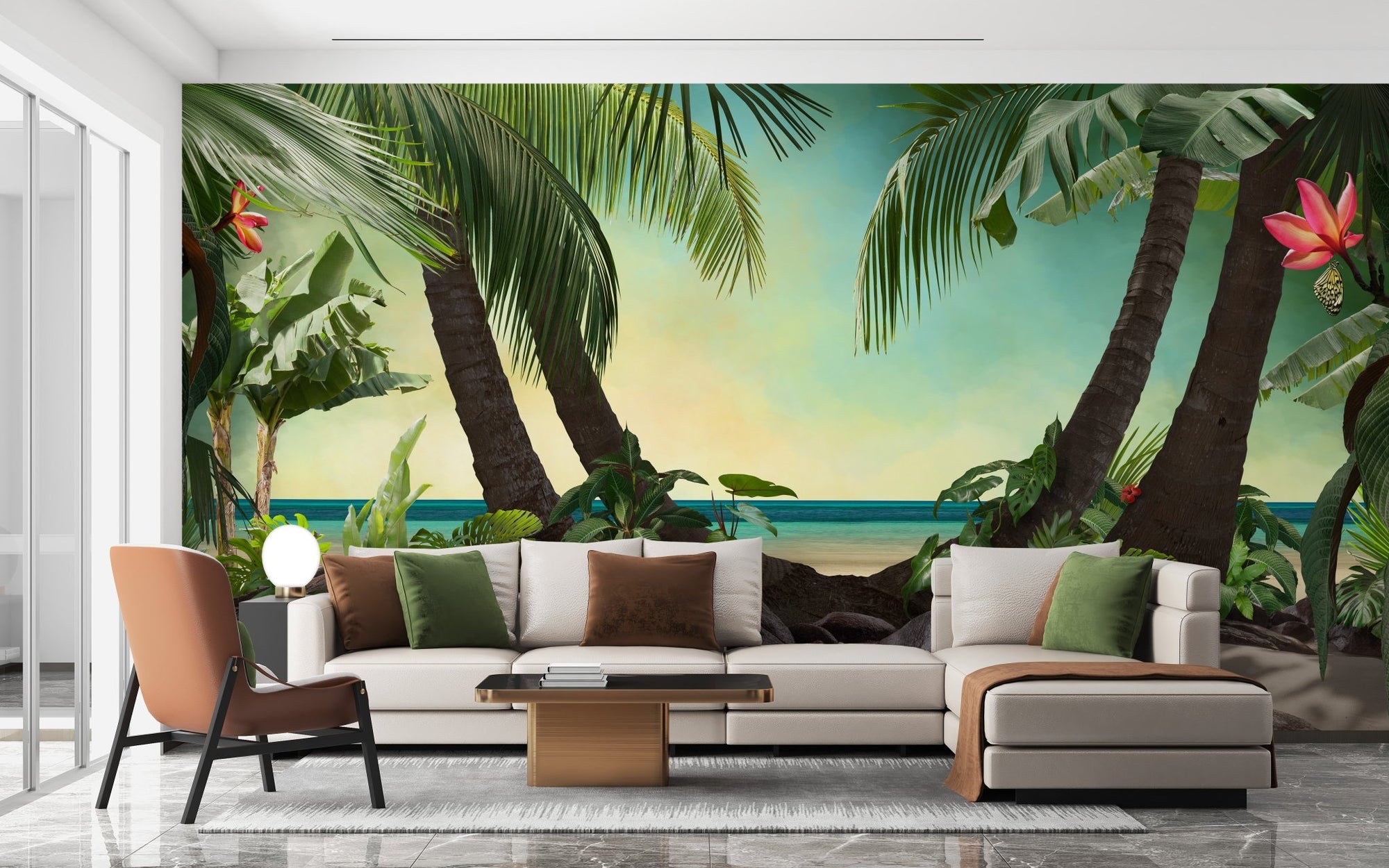 Tropical Beach View Wallpaper Murals behind a modern white sectional sofa.