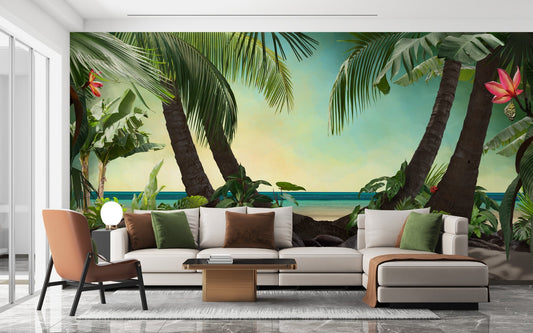 Tropical Beach View Wallpaper Murals behind a modern white sectional sofa.