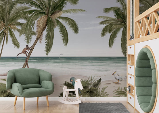 Tropical beach wallpaper mural with palm trees and ocean view.