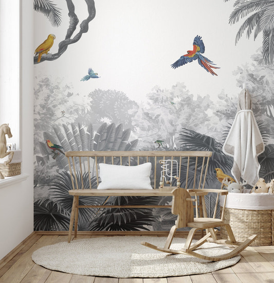 Monochrome palm trees with colorful tropical birds wallpaper.