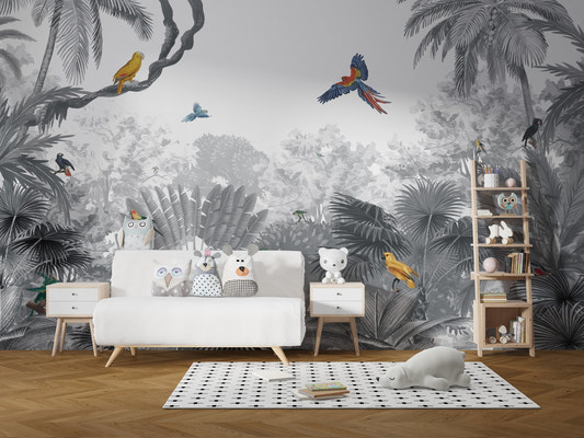 Vibrant parrots in a grayscale jungle canopy wall mural.