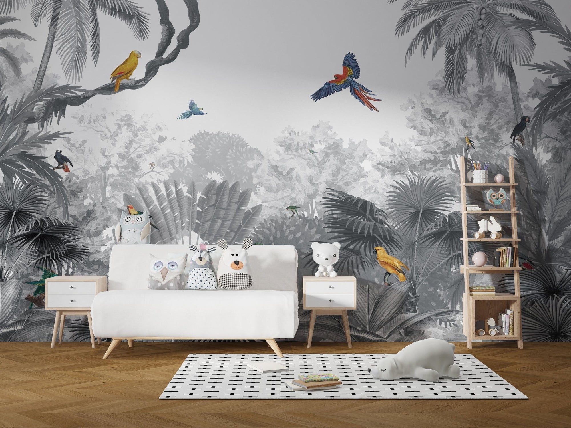 Vibrant parrots in a grayscale jungle canopy wall mural.