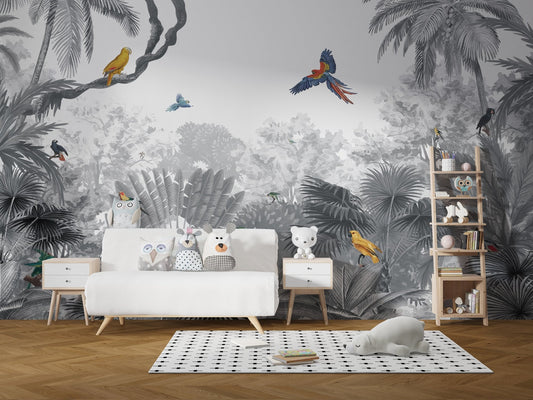 Vibrant parrots in a grayscale jungle canopy wall mural.