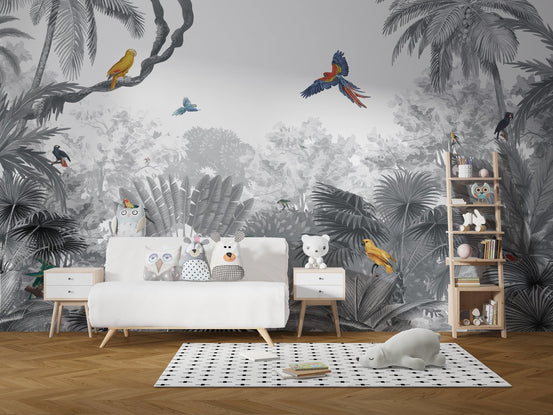 Vibrant parrots in a grayscale jungle canopy wall mural.