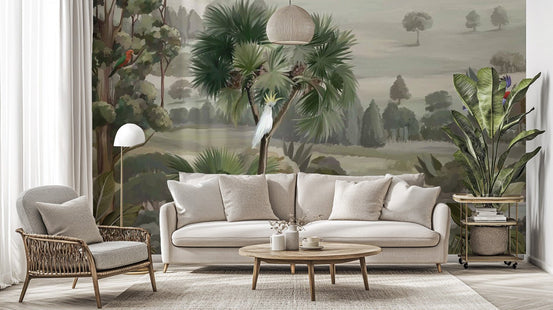 Detailed landscape tropical wallpaper featuring agave plants and exotic wildlife by water.
