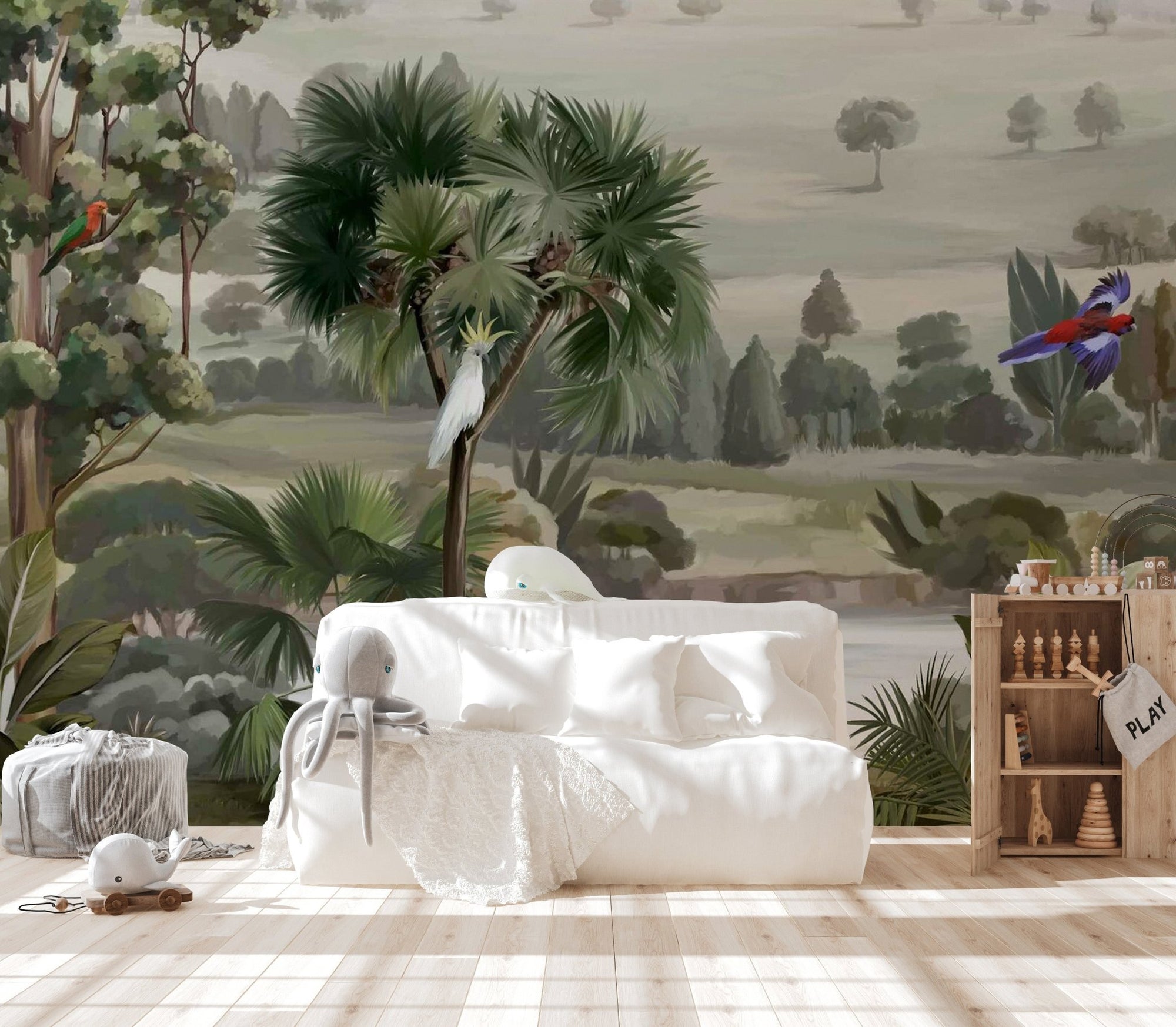 Tropical birds jungle wall mural featuring a white cockatoo on a tall palm tree.