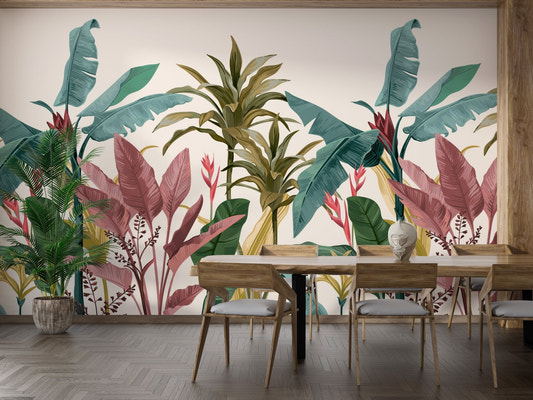 Tropical bliss mural with vibrant banana leaves for lively dining walls.
