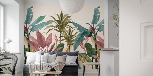 Artistic mural featuring banana leaves in a tropical bliss design in living area.
