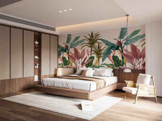 Tropical mural featuring lush banana leaves for lively bedroom interiors.