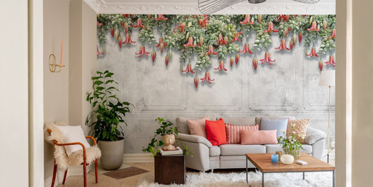 Modern living room featuring red floral wall mural on grey texture.