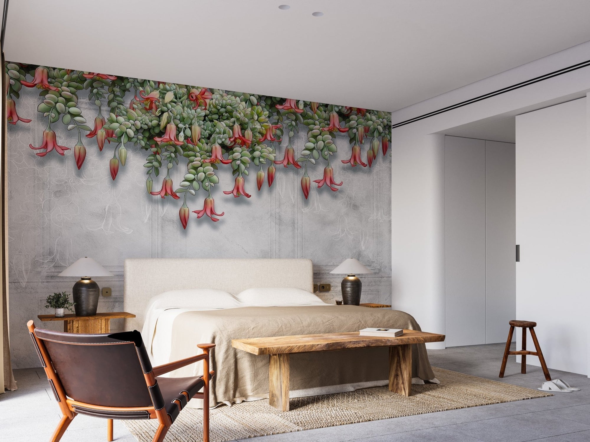 Bedroom with Tropical Blooms on Concrete Murals and wood furniture.