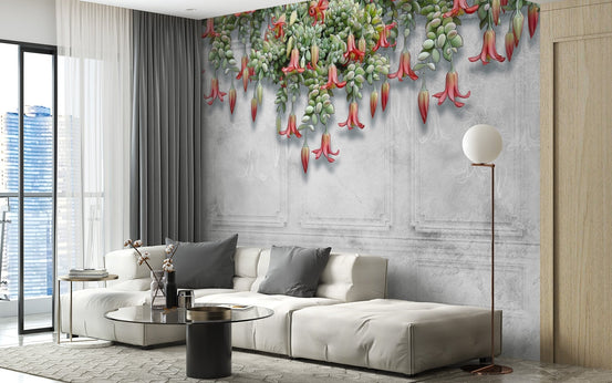 Spacious apartment living room with industrial floral concrete wall mural.