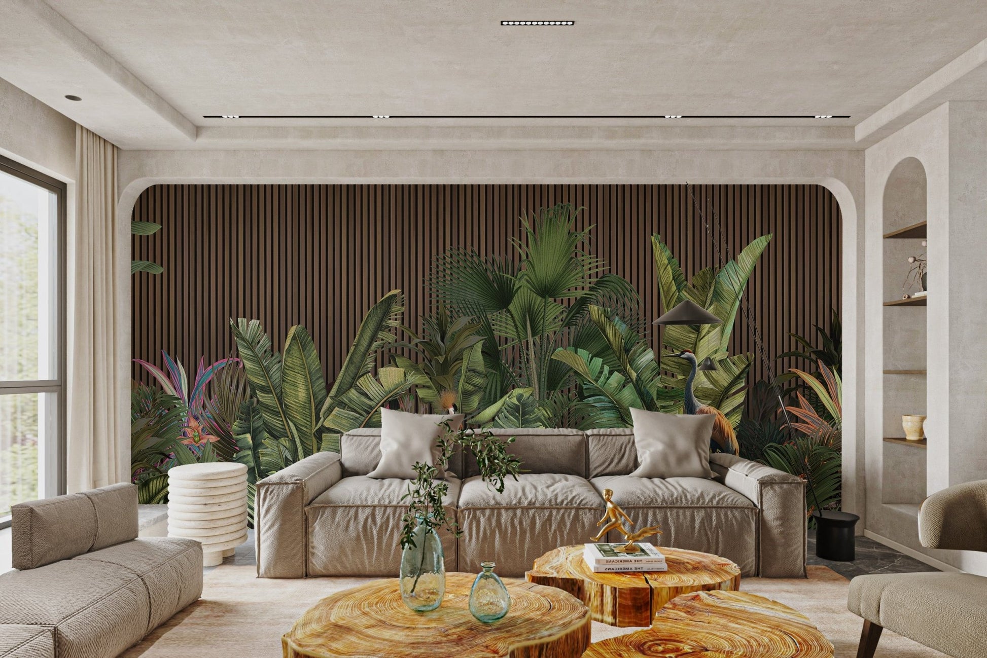 Wide format jungle wall mural with palm fronds and wooden slat backdrop.