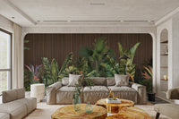 Wide format jungle wall mural with palm fronds and wooden slat backdrop.