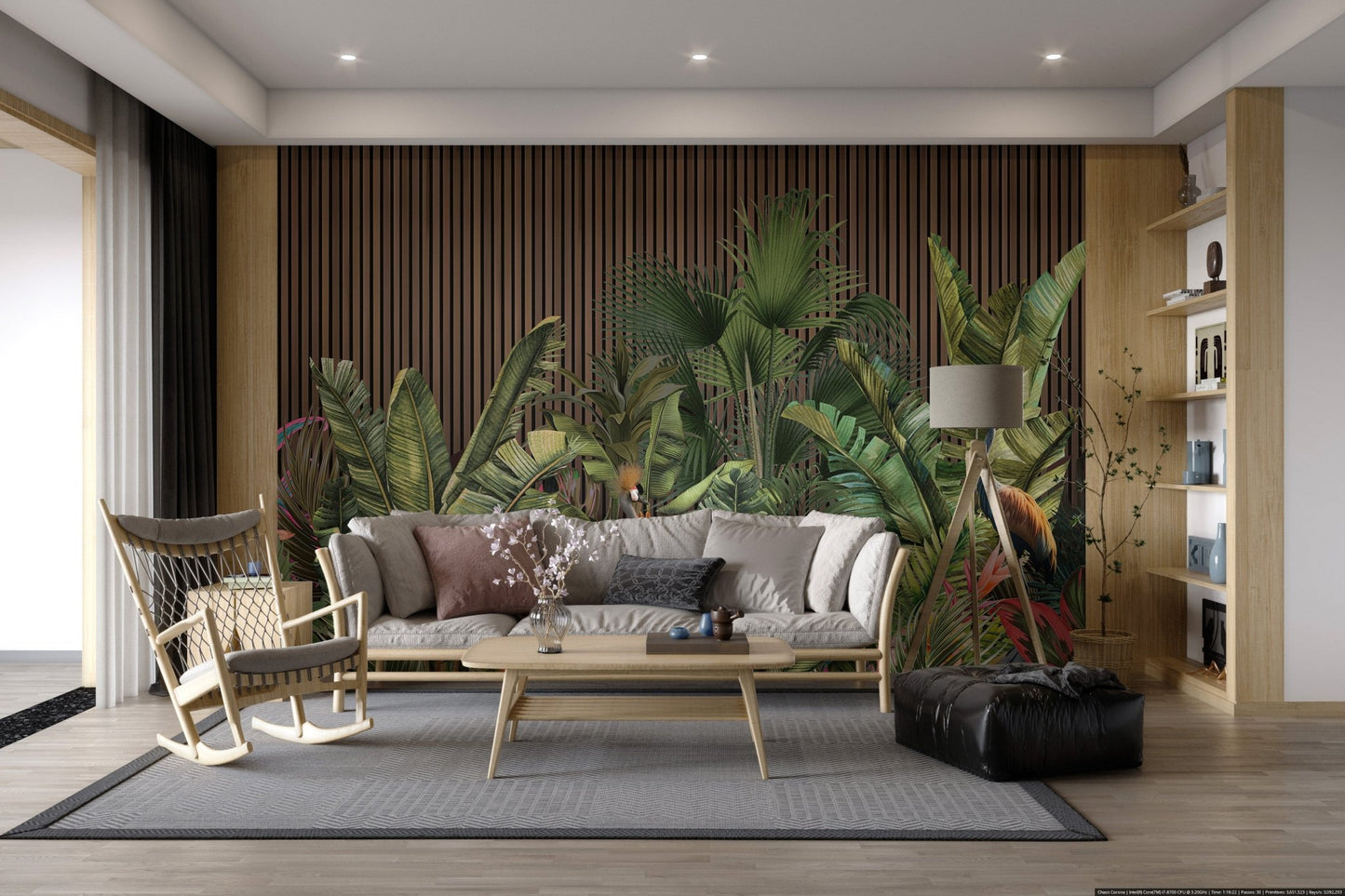 Exotic bird and green leaf wall mural for living room interior. 